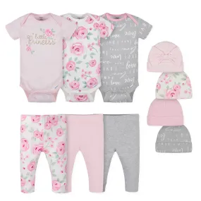 10-Piece Baby Girls Floral Onesies® Bodysuits, Pants, and Caps Set