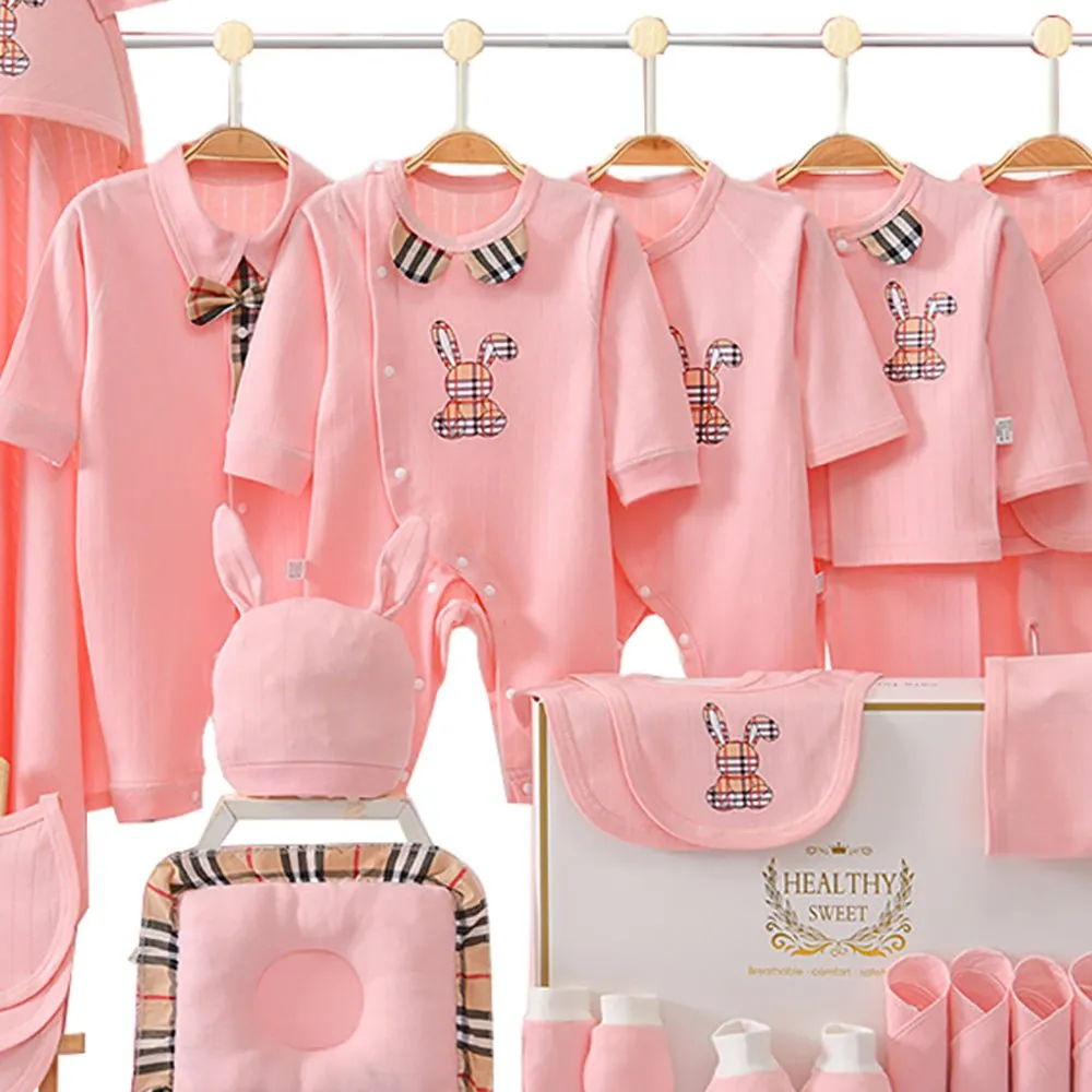 25 pcs Pink Checkered Bunny , New born Baby Girl/Boy Gift Hamper All Season wear Gift Hamper Box, (0-6months)