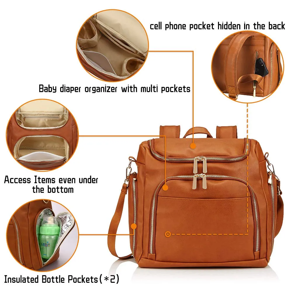 3-in-1 Brown Leather Luxury Mom Travel Baby Diaper Bag