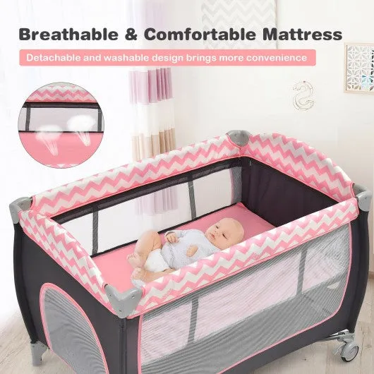 3 in 1 Portable Baby Playard with Zippered Door and Toy Bar-Pink