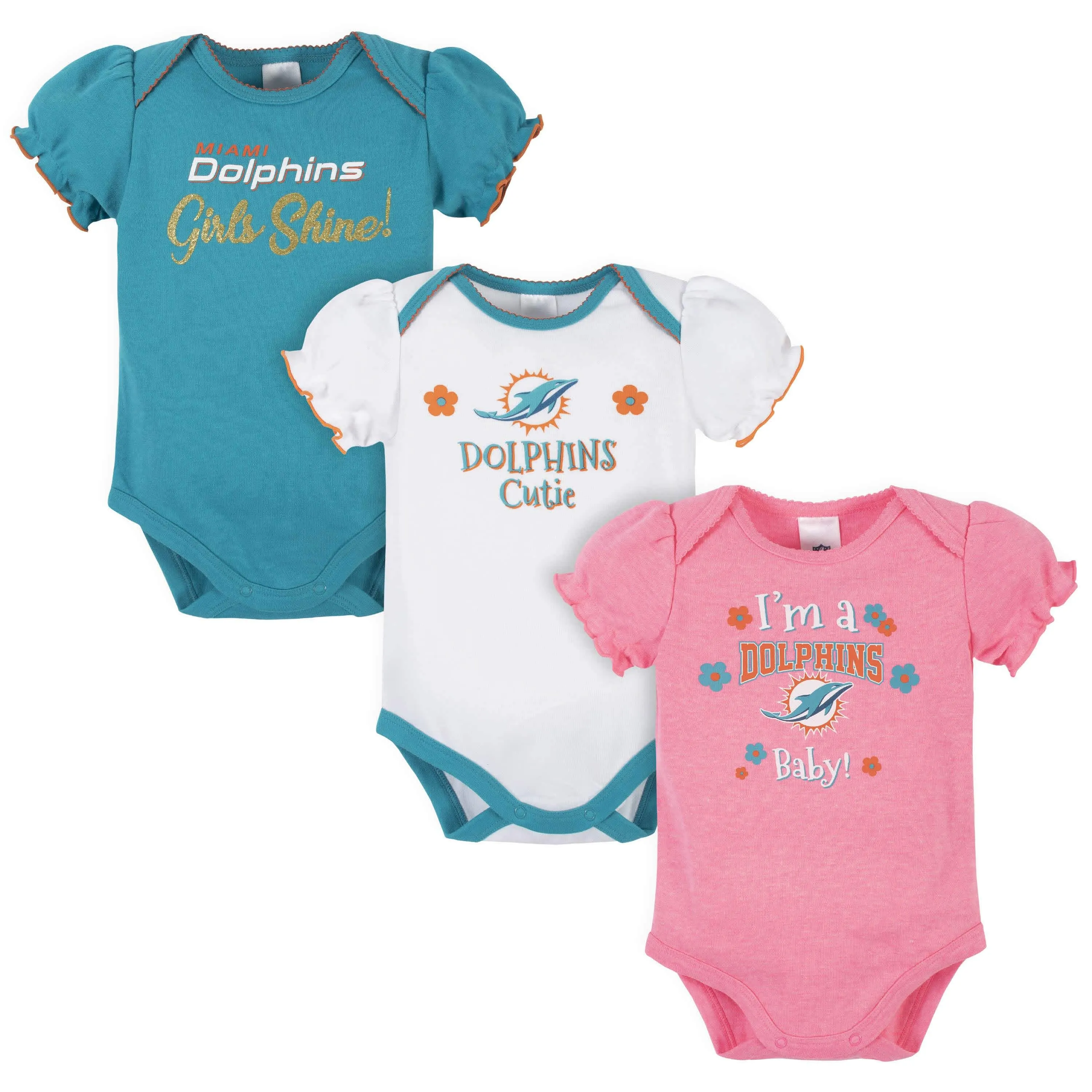 3-Pack Baby Girls Miami Dolphins Short Sleeve Bodysuits