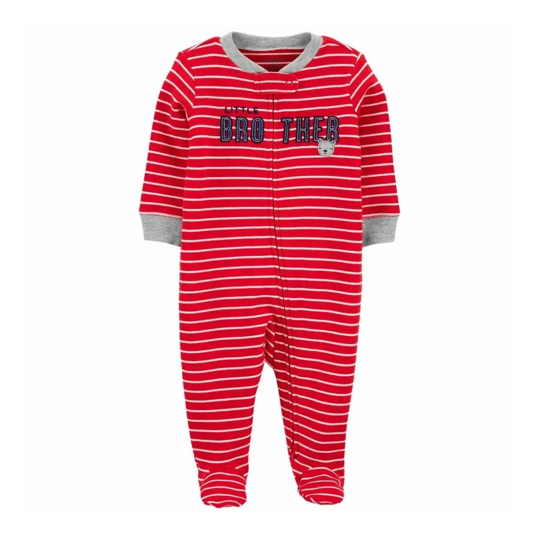 Baby Boy Little Brother Red Striped Footed Onesie