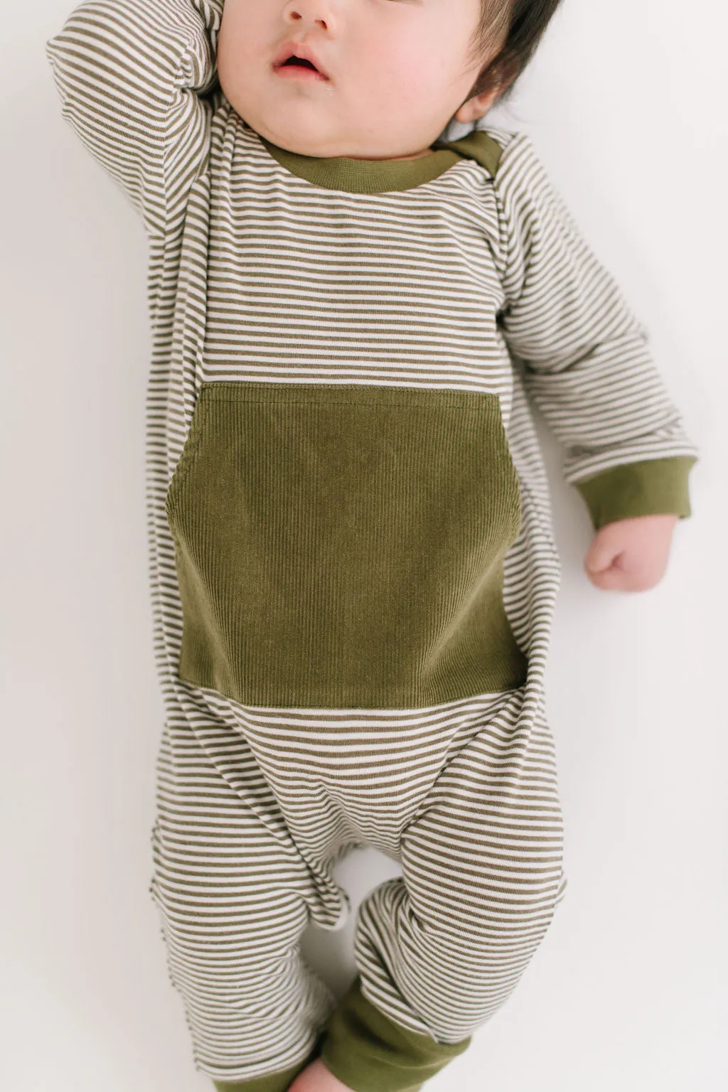 Bamboo Zipper Romper in Olive Stripe