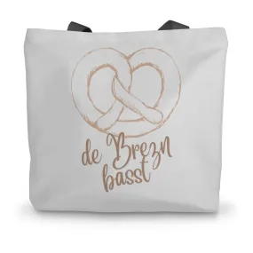 Bavarian Statement Tote Bag, Canvas with pretzel print "Brezn basst" - Natural White & Beige