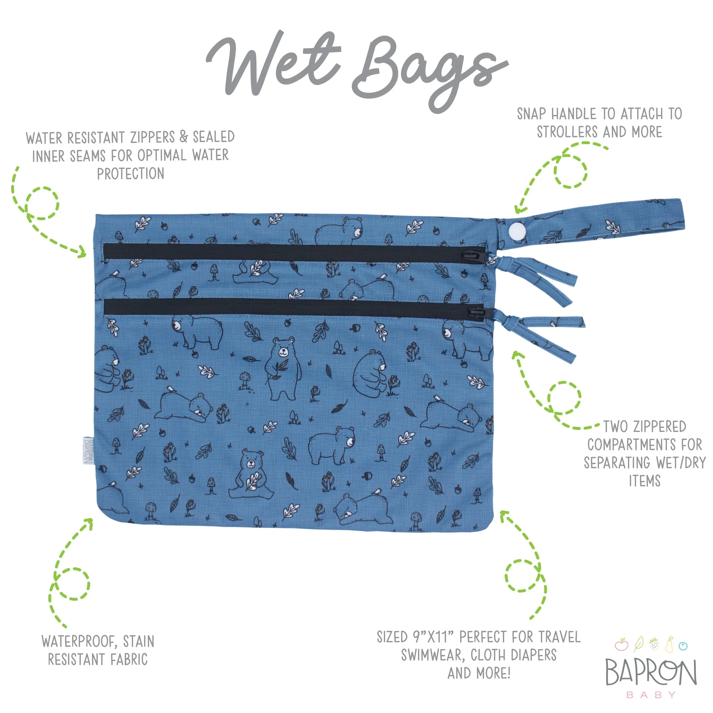 Bears In Blue - Waterproof Wet Bag (for Mealtime, On-the-go, And More!)