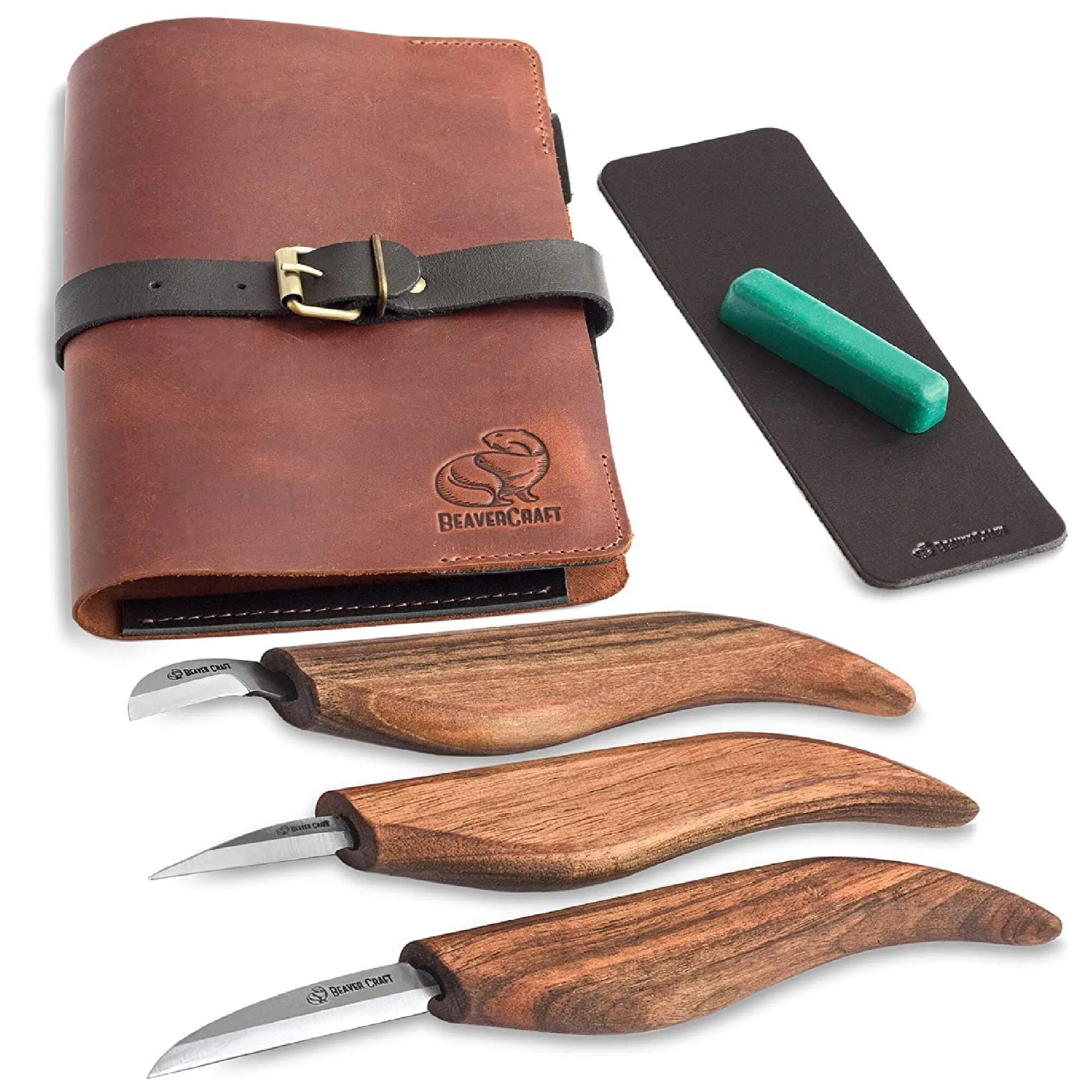 BeaverCraft Deluxe S15X Wood Carving Knife Set with Leather Case | Whitening Kit | Wood Carving Tools