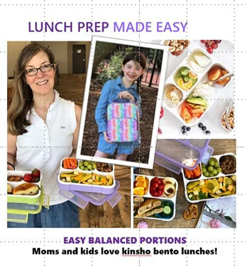 Bento-Box with Lunch Bag and Ice Pack Set. Containers for Kids Girls Adults Snacks and Lunches. 4 Compartments, Leakproof Portion Container Boxes Insulated Bags for School, Purple