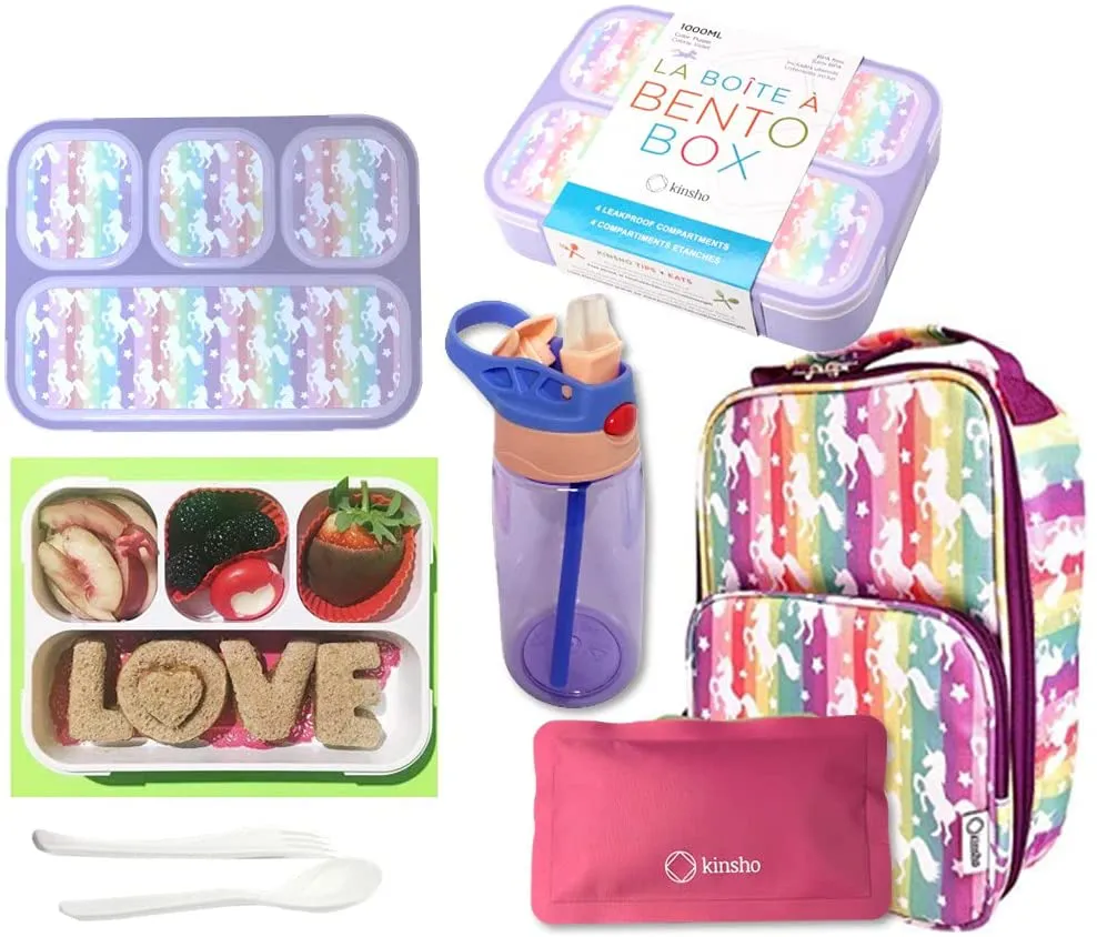 Bento-Box with Lunch Bag and Ice Pack Set. Containers for Kids Girls Adults Snacks and Lunches. 4 Compartments, Leakproof Portion Container Boxes Insulated Bags for School, Purple