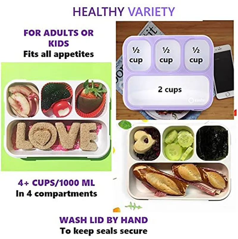 Bento-Box with Lunch Bag and Ice Pack Set. Containers for Kids Girls Adults Snacks and Lunches. 4 Compartments, Leakproof Portion Container Boxes Insulated Bags for School, Purple