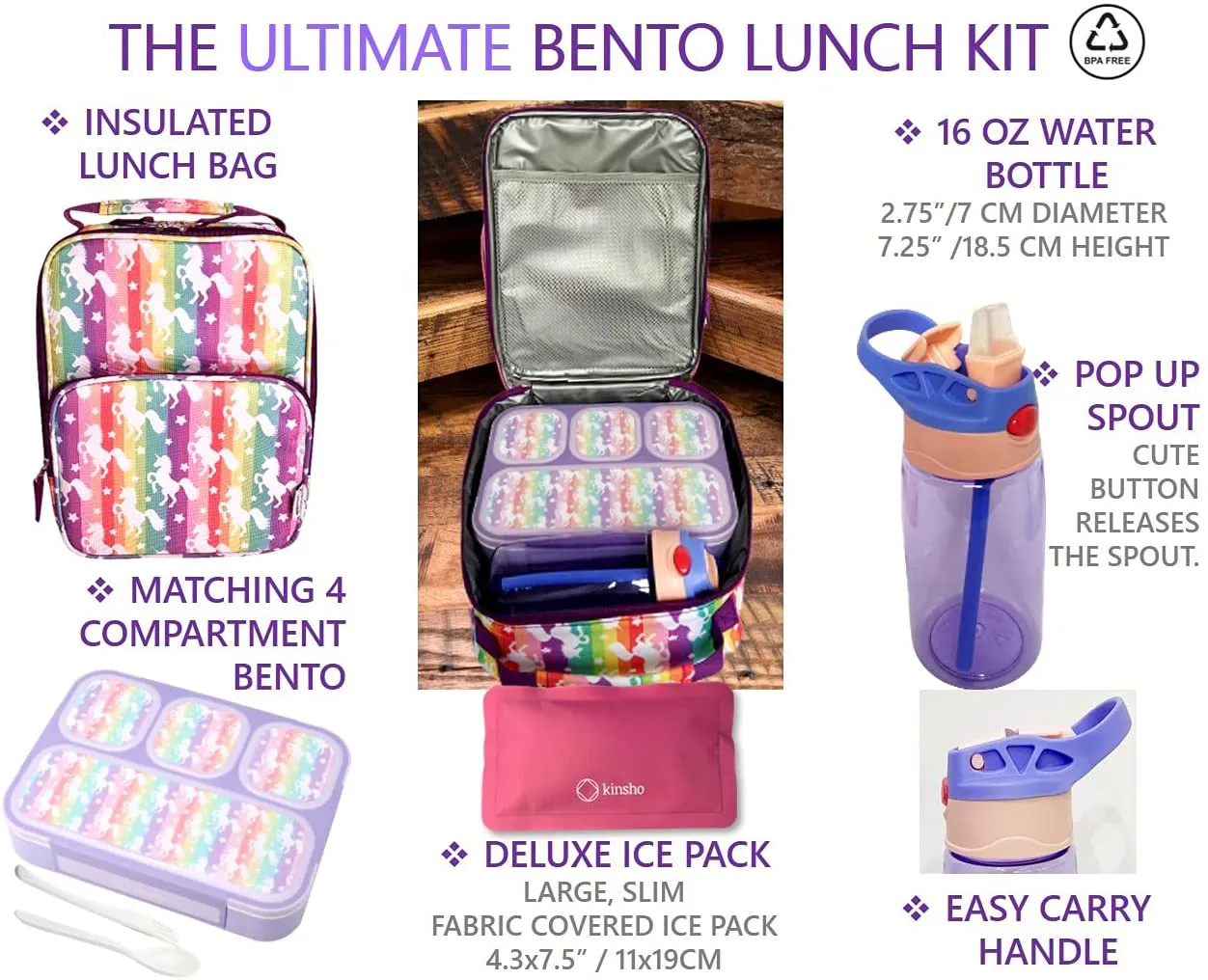 Bento-Box with Lunch Bag and Ice Pack Set. Containers for Kids Girls Adults Snacks and Lunches. 4 Compartments, Leakproof Portion Container Boxes Insulated Bags for School, Purple