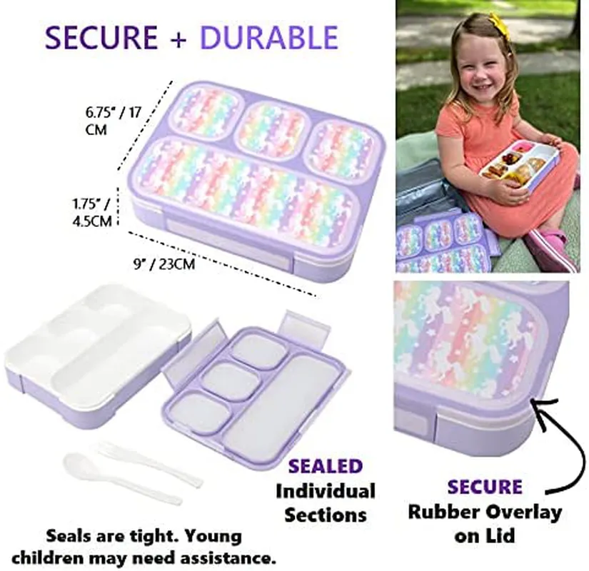 Bento-Box with Lunch Bag and Ice Pack Set. Containers for Kids Girls Adults Snacks and Lunches. 4 Compartments, Leakproof Portion Container Boxes Insulated Bags for School, Purple