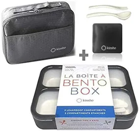 Bento Lunch Box with Bag and Ice Pack Set | 3 Compartment Boxes and Insulated Matching Bags for Work or School | Containers for Teens Adults Boys Kids Lunches | Grey Black Large Kit