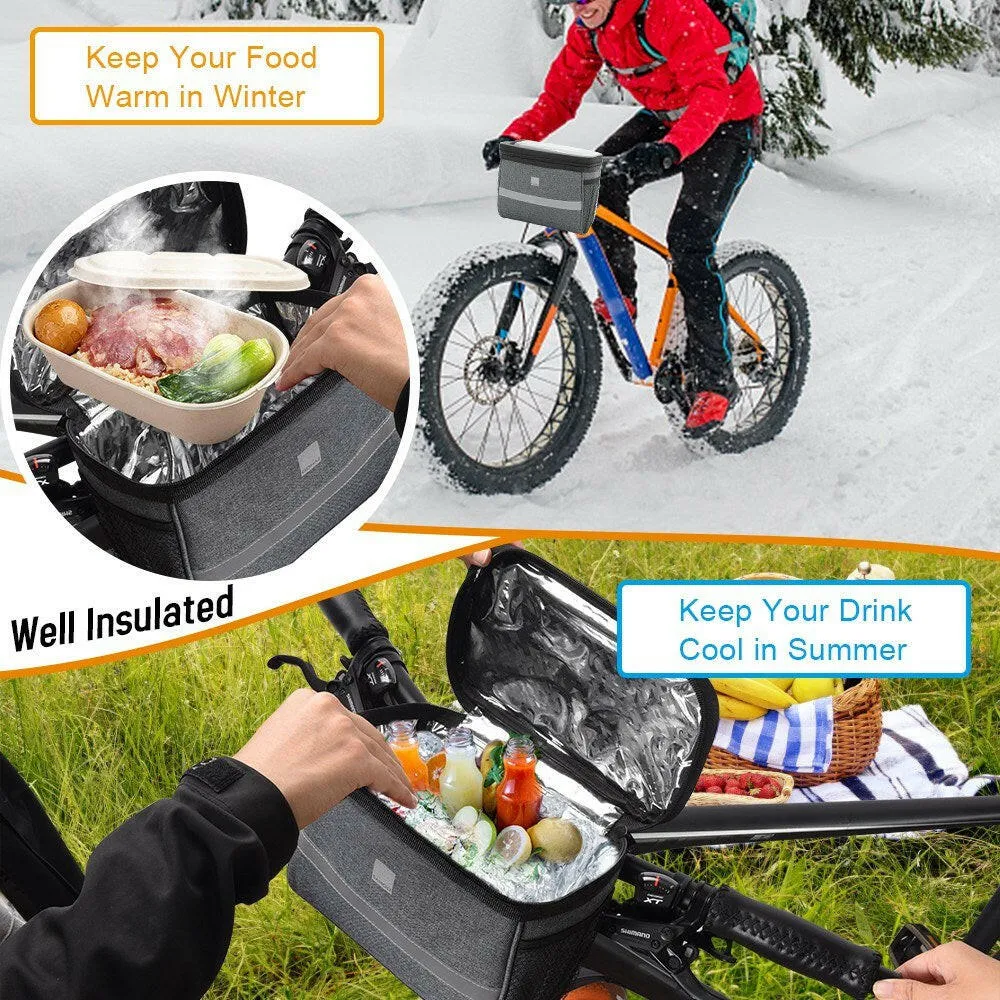 Bike Handlebar Bag Front Bicycle Basket with Mesh Pocket Cold & Warm Insulation Cycling Front Storage Bag Touchable Transparent Phone Pouch