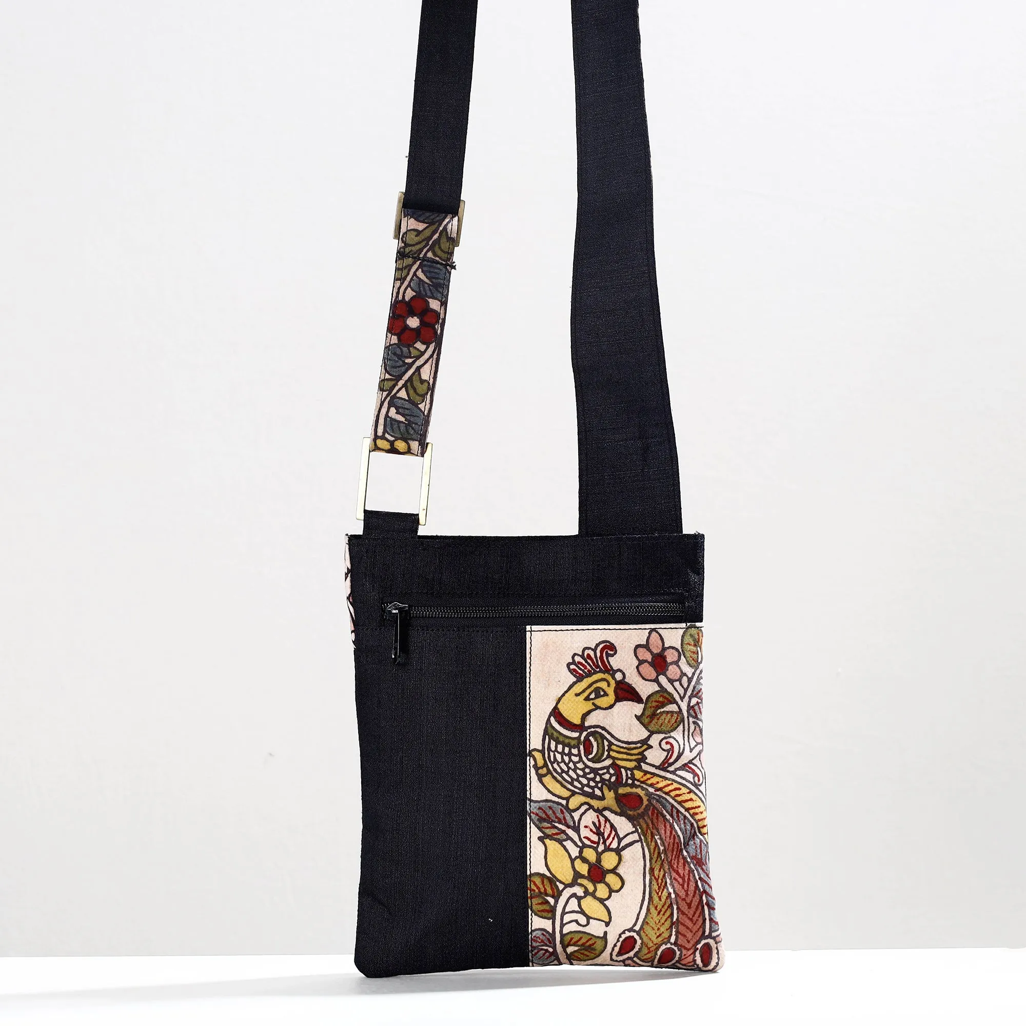 Black - Handpainted Kalamkari Natural Dyed Ghicha Silk Sling Bag