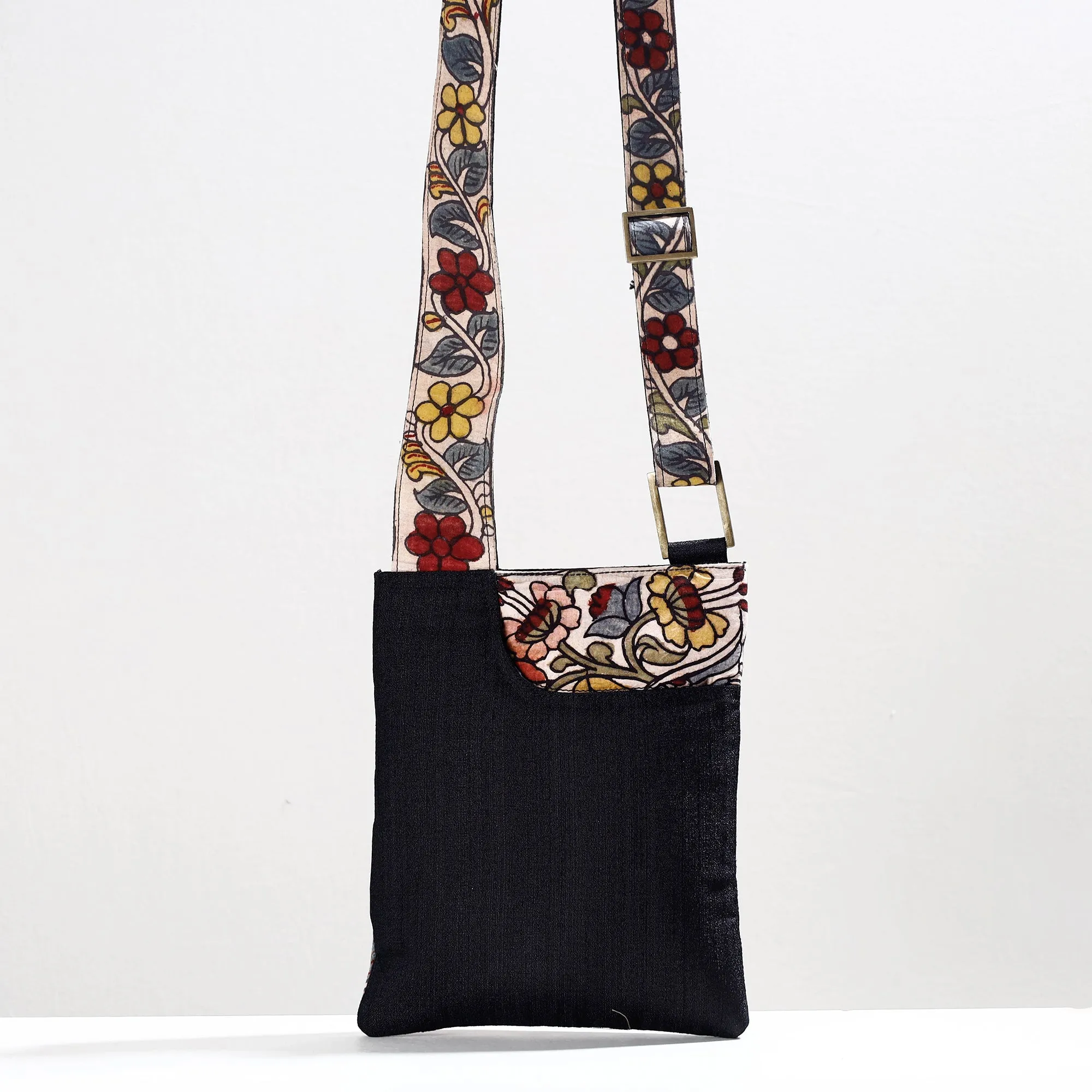 Black - Handpainted Kalamkari Natural Dyed Ghicha Silk Sling Bag