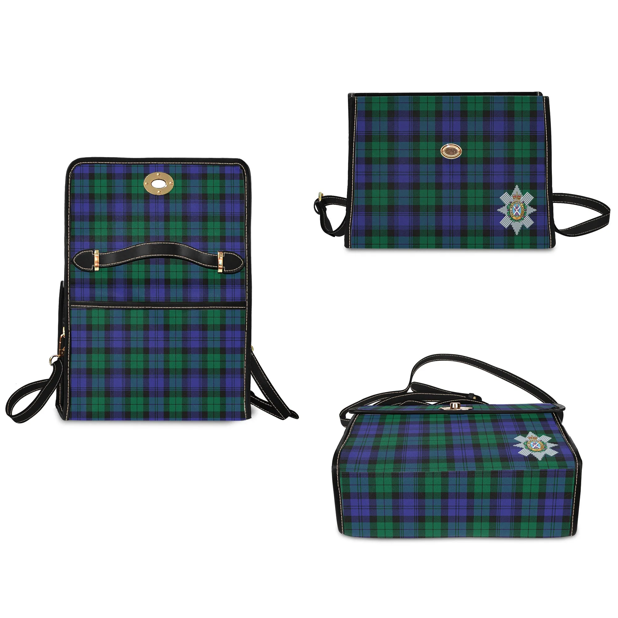 Black Watch Modern Tartan Waterproof Canvas Bag with Family Crest