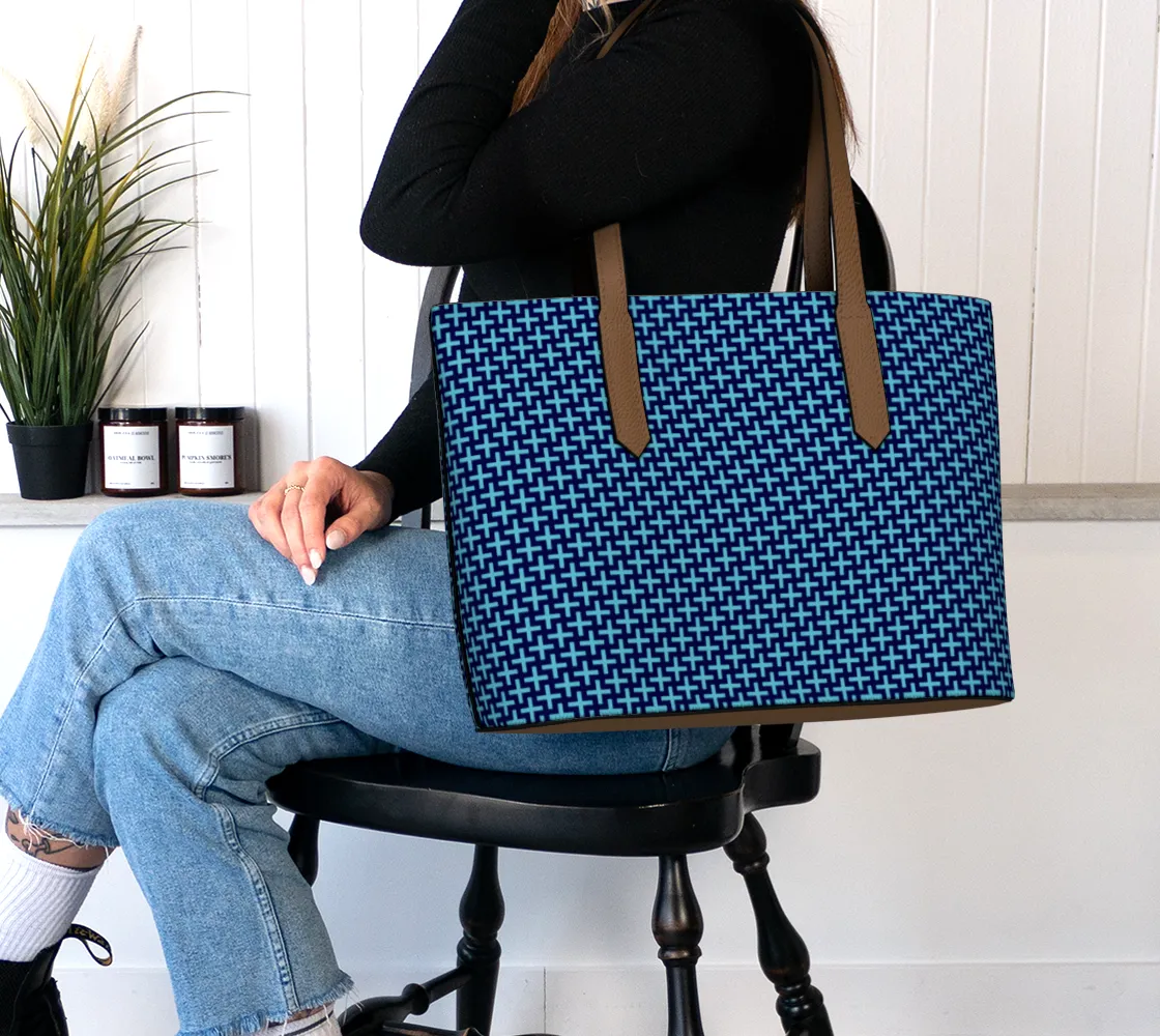 Blue Crosses Vegan Leather Tote Bag