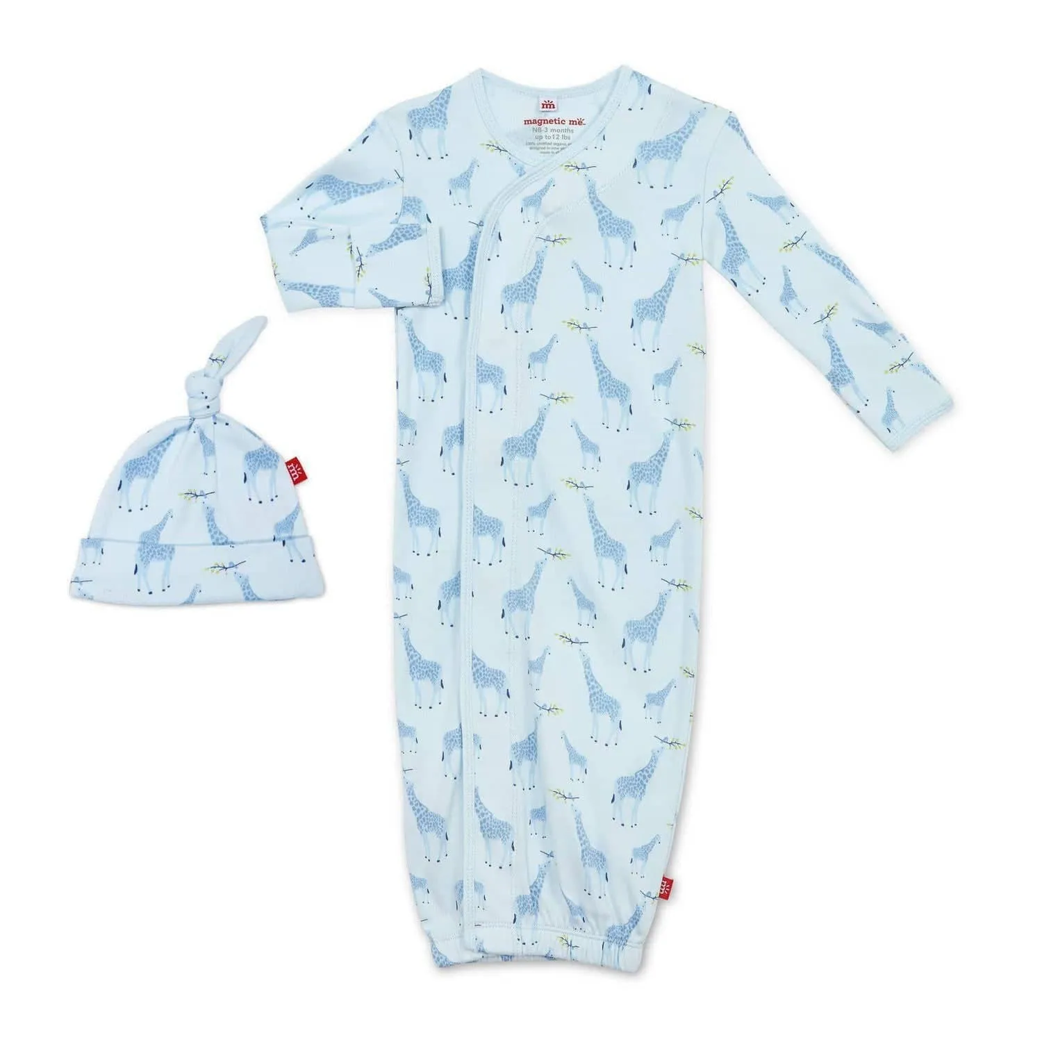 Blue Jolie Giraffe organic cotton magnetic cozy sleeper gown   hat set