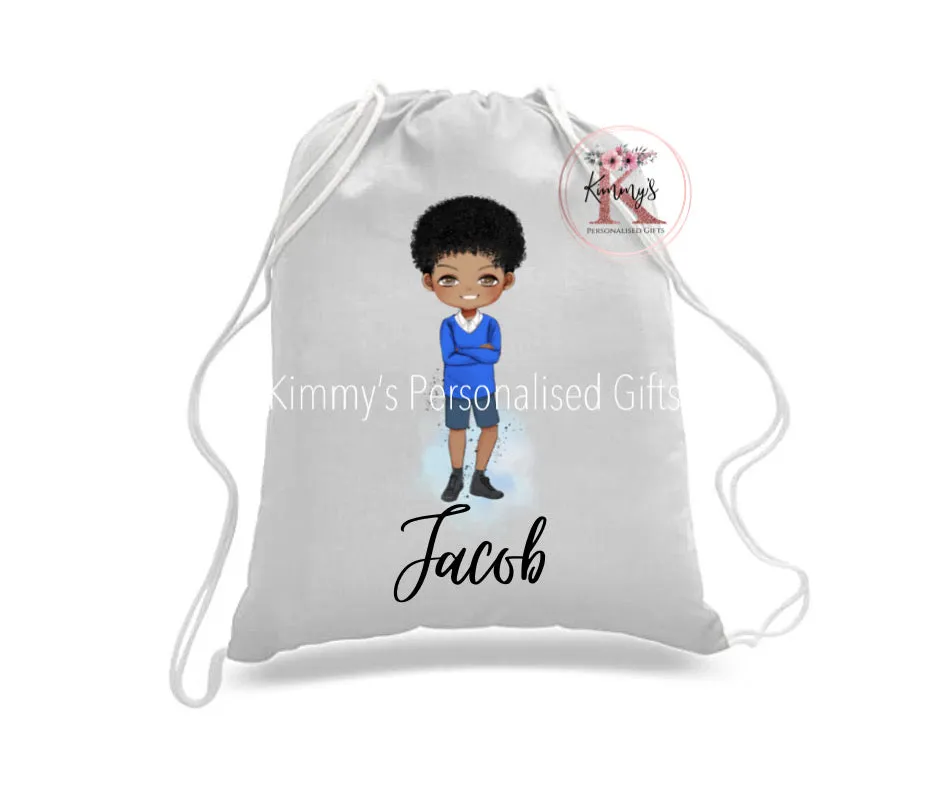 Blue School Boy Drawstring Bag