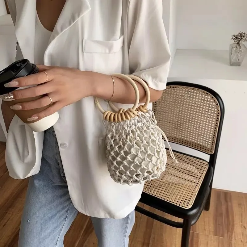 Boho vintage straw woven mini hobo bag