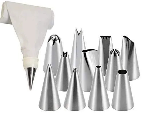 Cake Decorating Icing Nozzles Set Stainless steel 12 Piece Frosting Icing Piping Bag Tips Reusable & Washable