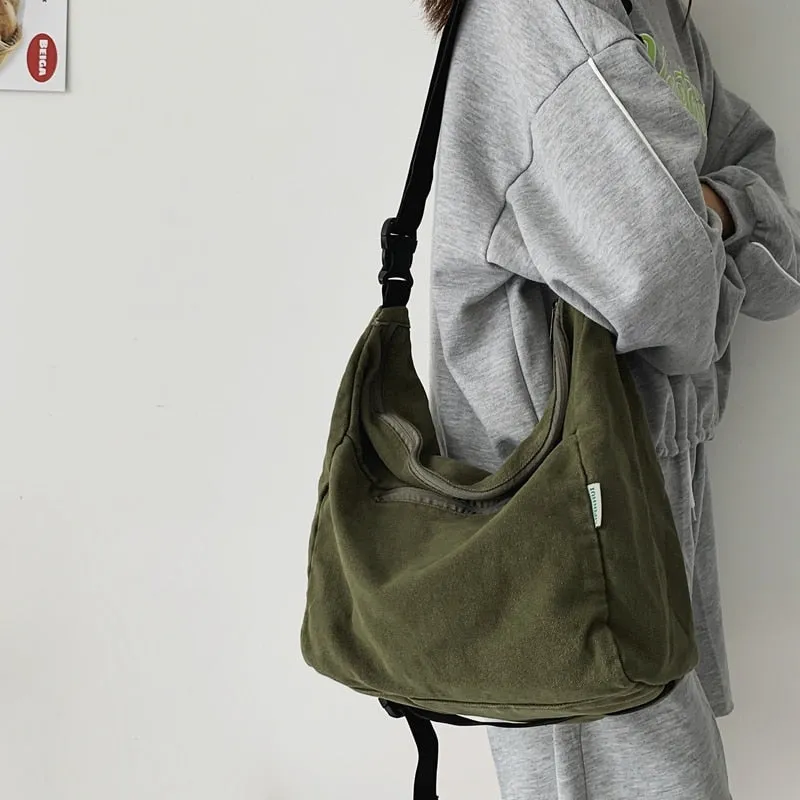 Canvas Shoulder Bag For Women Simple Solid Color Large Capacity Crossbody Bag Tote Female College Student Travel Bookbag