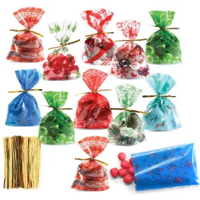 Christmas Themed Cellophane Bags With Gold Ties (200 Pack) - Bulk Pack Of 200