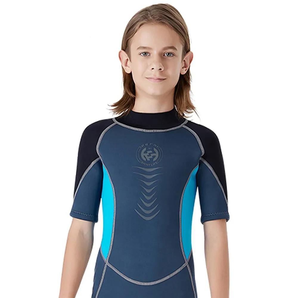 Colorblock Black & Light Blue 2.5mm Neoprene Knee Length Kids Swimsuit, Half Sleeves Swimwear