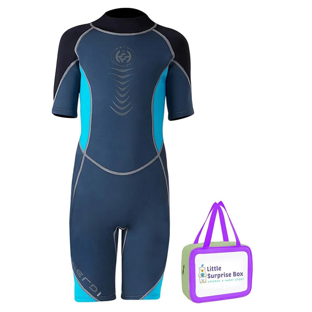 Colorblock Black & Light Blue 2.5mm Neoprene Knee Length Kids Swimsuit, Half Sleeves Swimwear