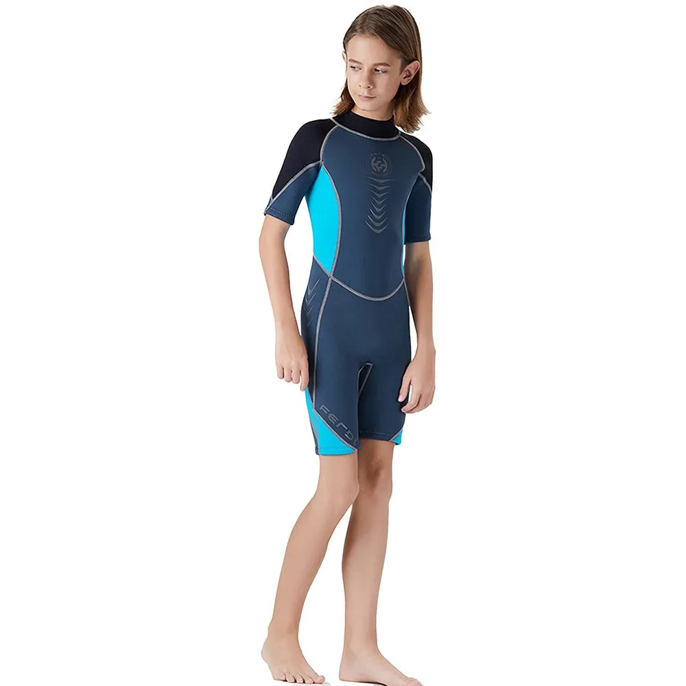 Colorblock Black & Light Blue 2.5mm Neoprene Knee Length Kids Swimsuit, Half Sleeves Swimwear