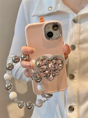 Cute Bling Solid Phone Case with Built in Rhinestone Gem Heart Stand   Pearl Strap Protective Shockproof iPhone X XS XR 11 12 13 14 Pro Max