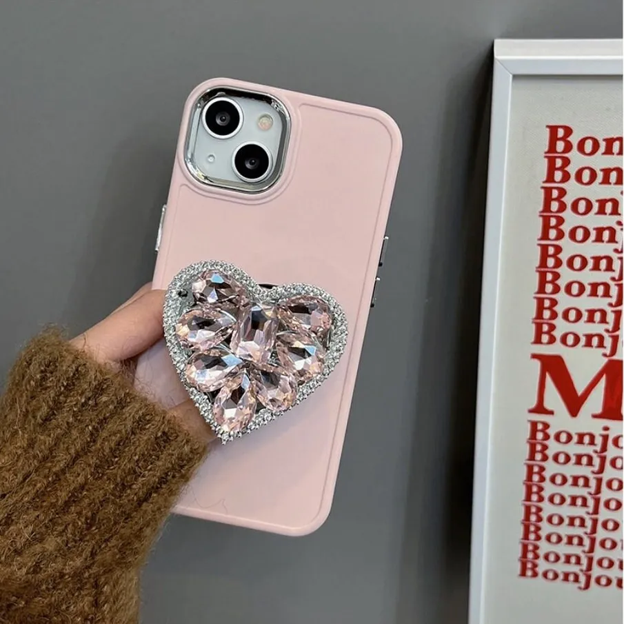 Cute Bling Solid Phone Case with Built in Rhinestone Gem Heart Stand   Pearl Strap Protective Shockproof iPhone X XS XR 11 12 13 14 Pro Max