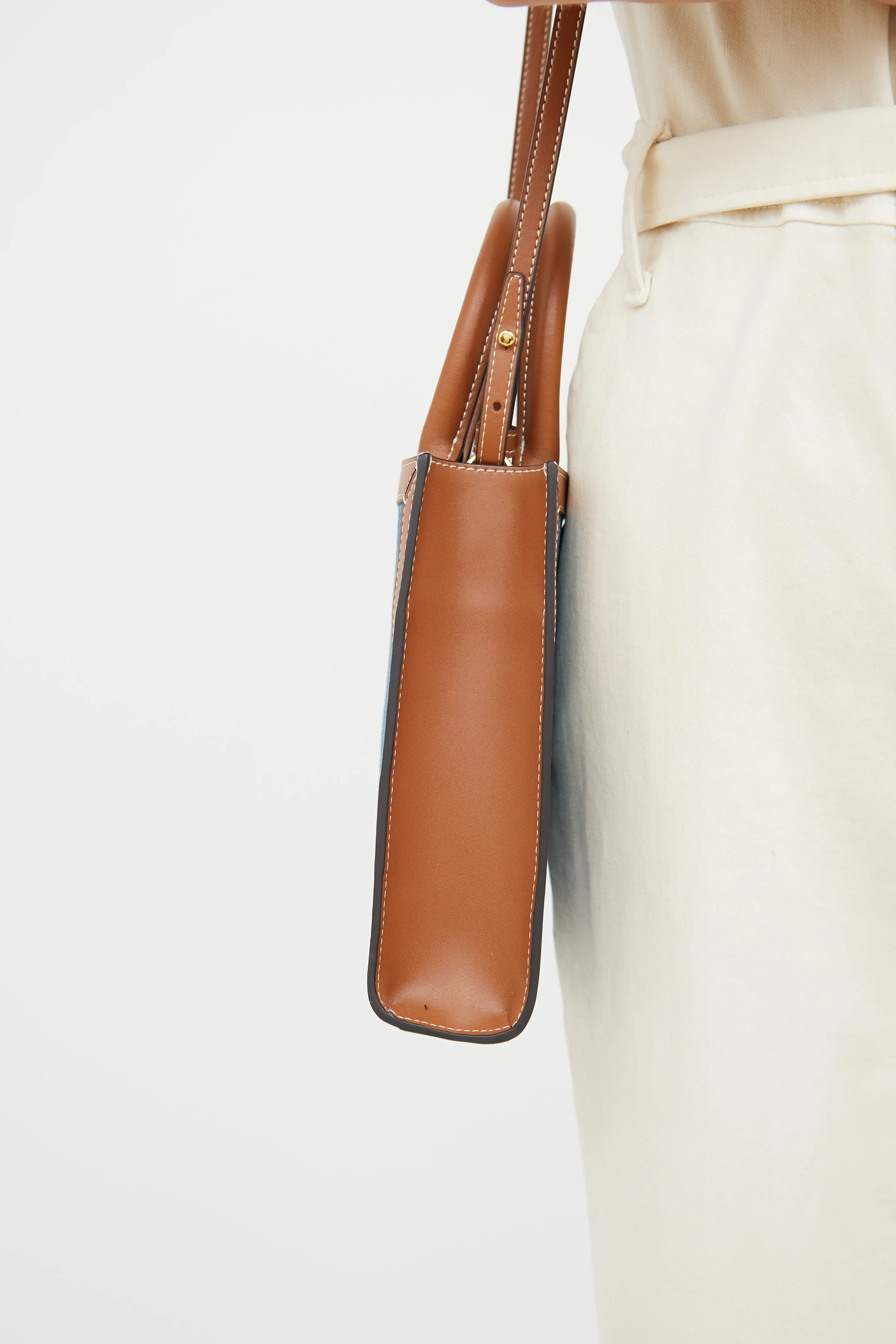 Denim & Brown Leather Mini Vertical Cabas Bag