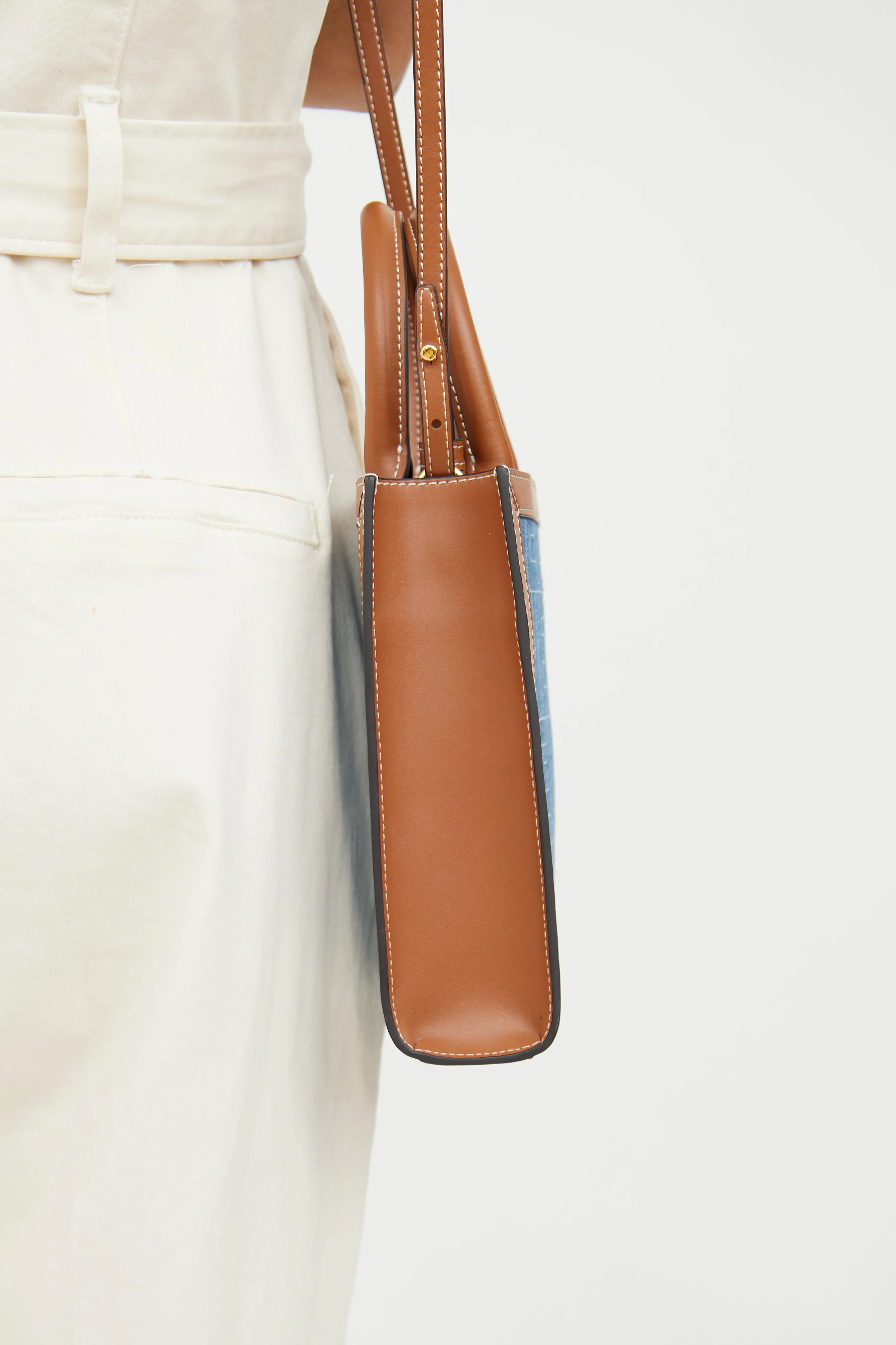 Denim & Brown Leather Mini Vertical Cabas Bag