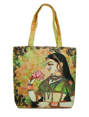 Digitally Printed Tote Fashion Shopping Hand Bag Multipurpose Waterproof Faux Silk and Polysatin Lining 16X14X4 Inch ,Queen With Flower