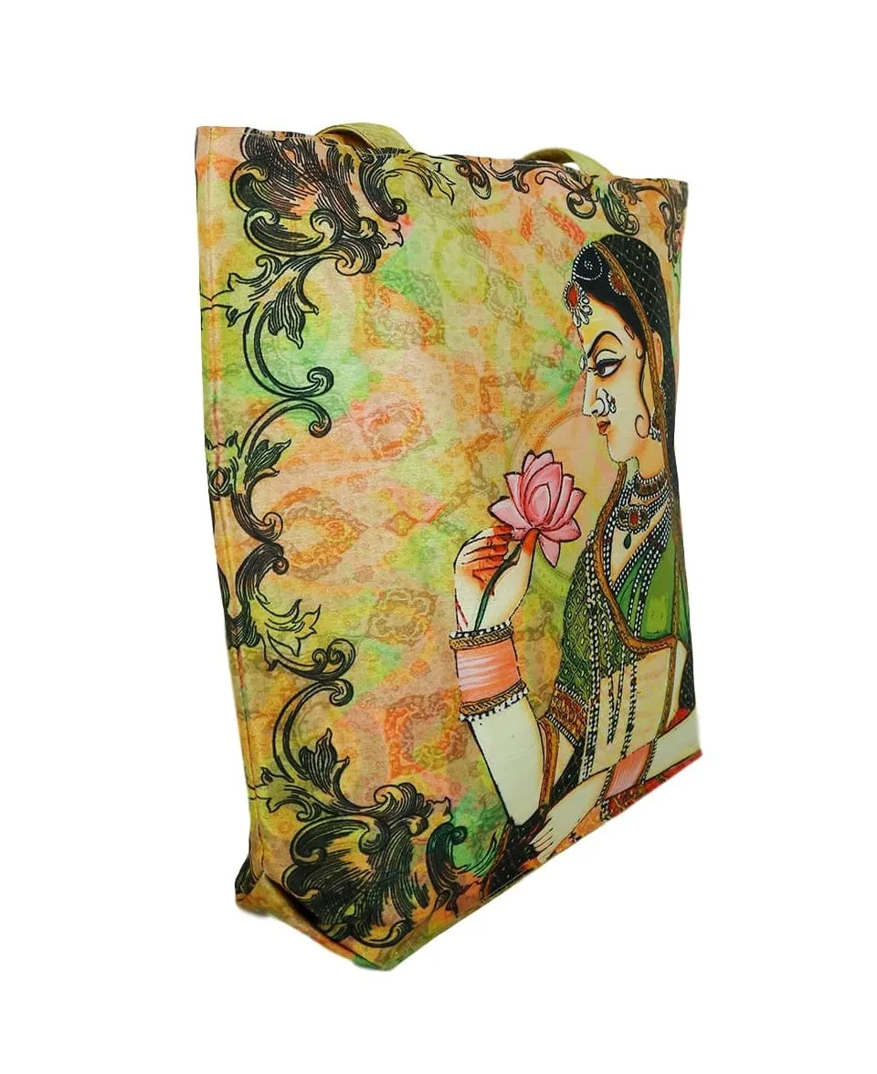 Digitally Printed Tote Fashion Shopping Hand Bag Multipurpose Waterproof Faux Silk and Polysatin Lining 16X14X4 Inch ,Queen With Flower