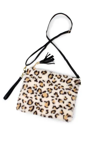 EAB9564 Beige Leopard Fur Crossbody Clutch Bag