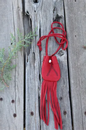 Fringed red leather medicine bag, red leather bag