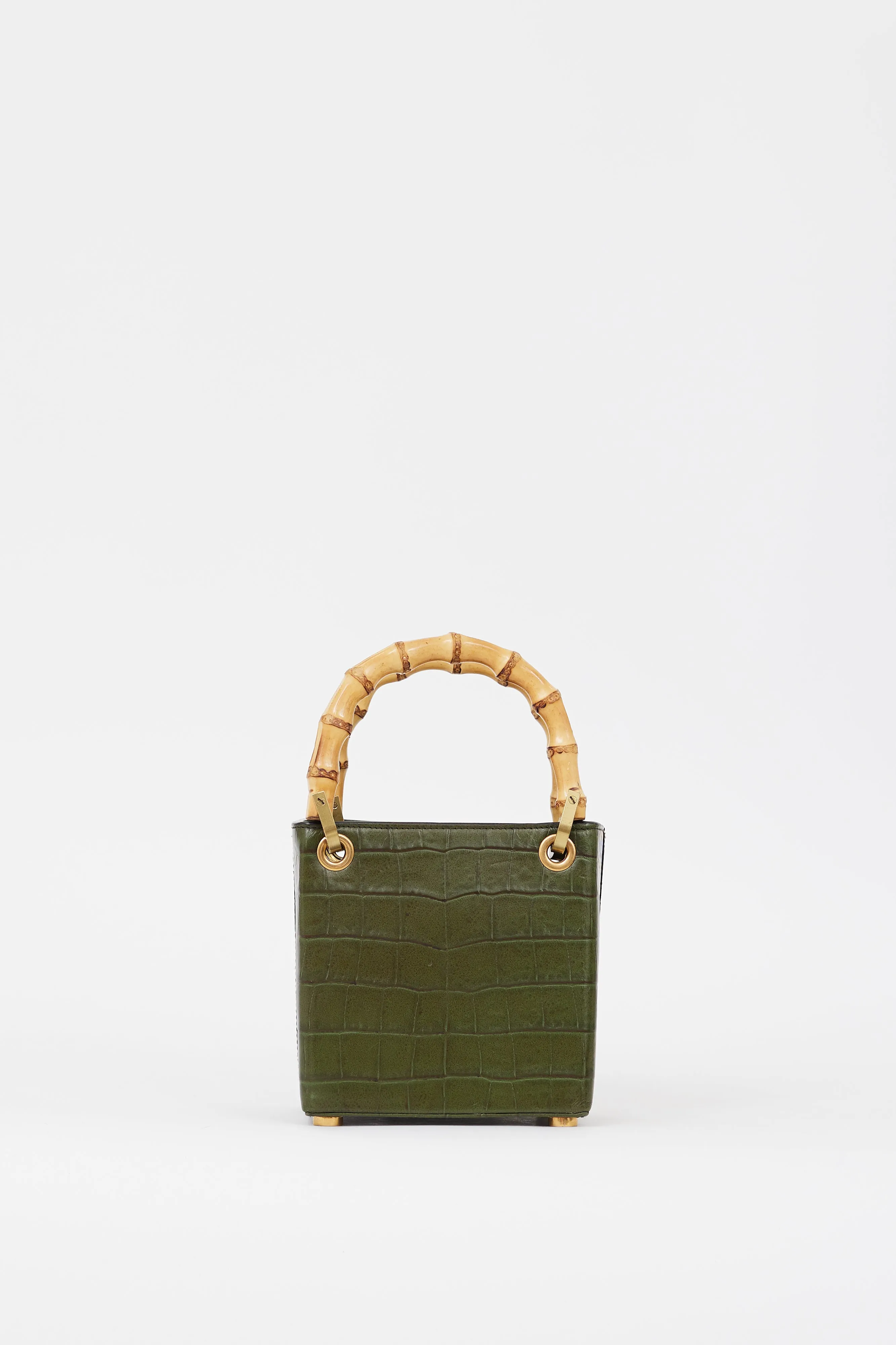 Green Embossed Faux Leather Bamboo Handle Bag