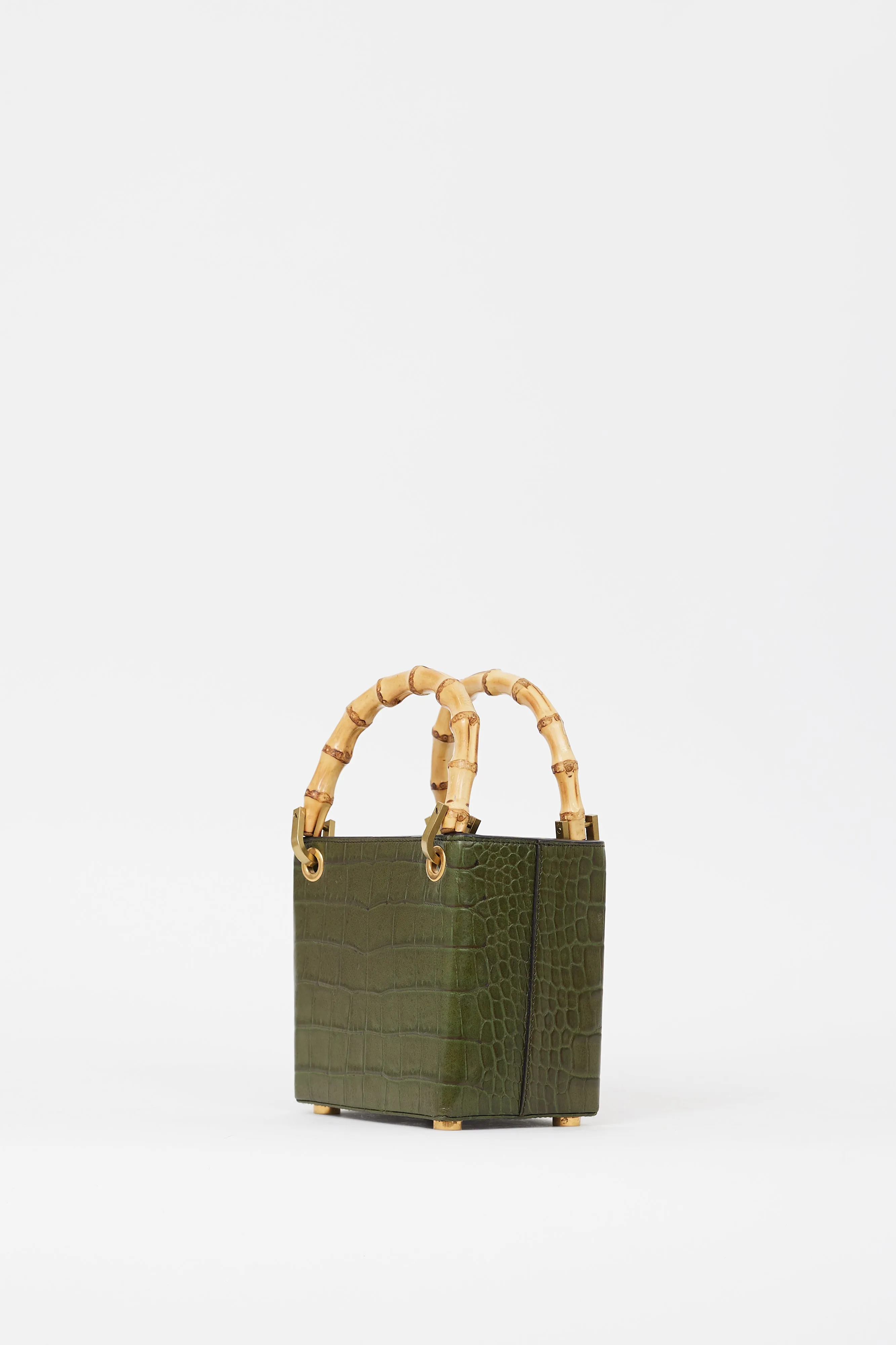 Green Embossed Faux Leather Bamboo Handle Bag