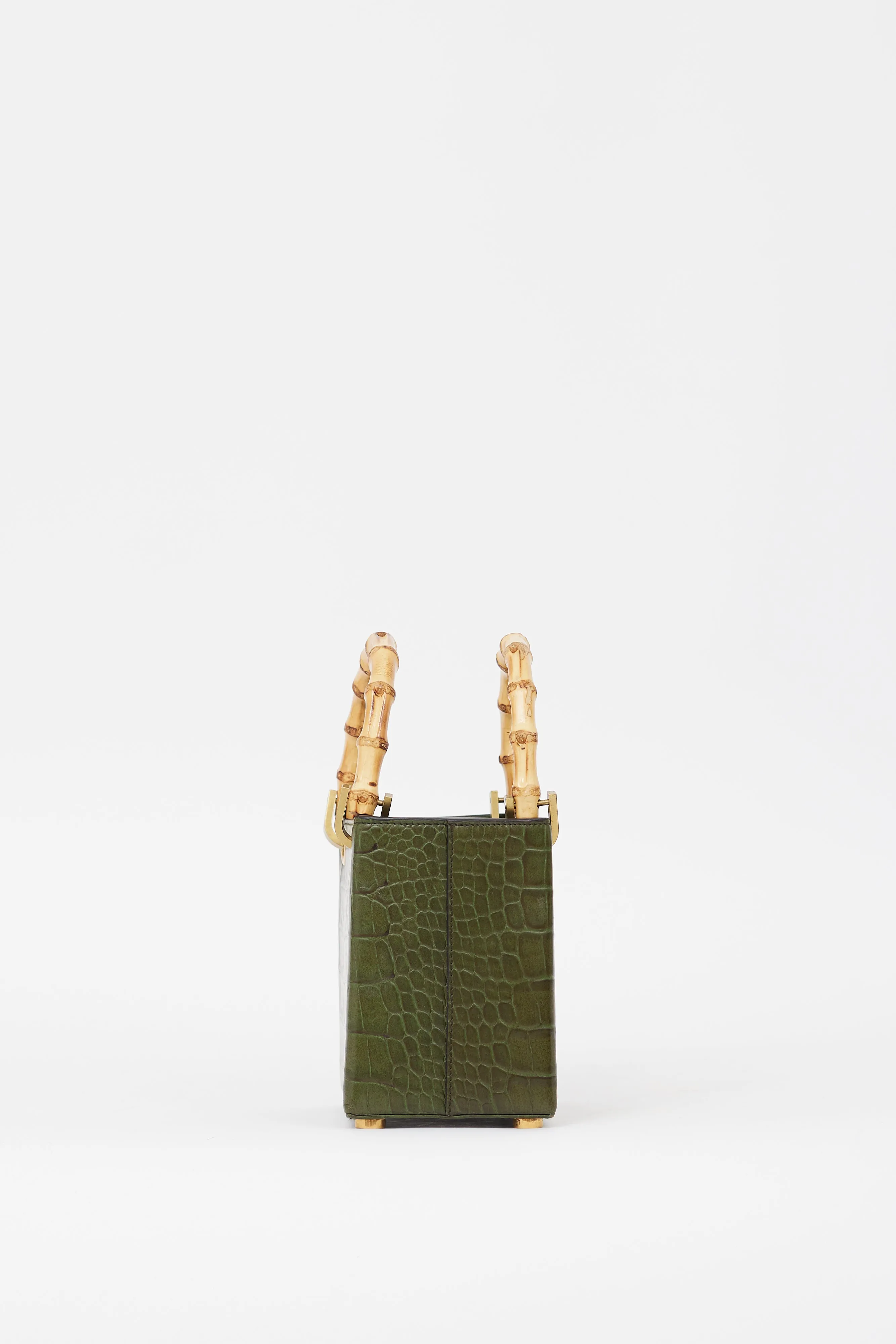 Green Embossed Faux Leather Bamboo Handle Bag