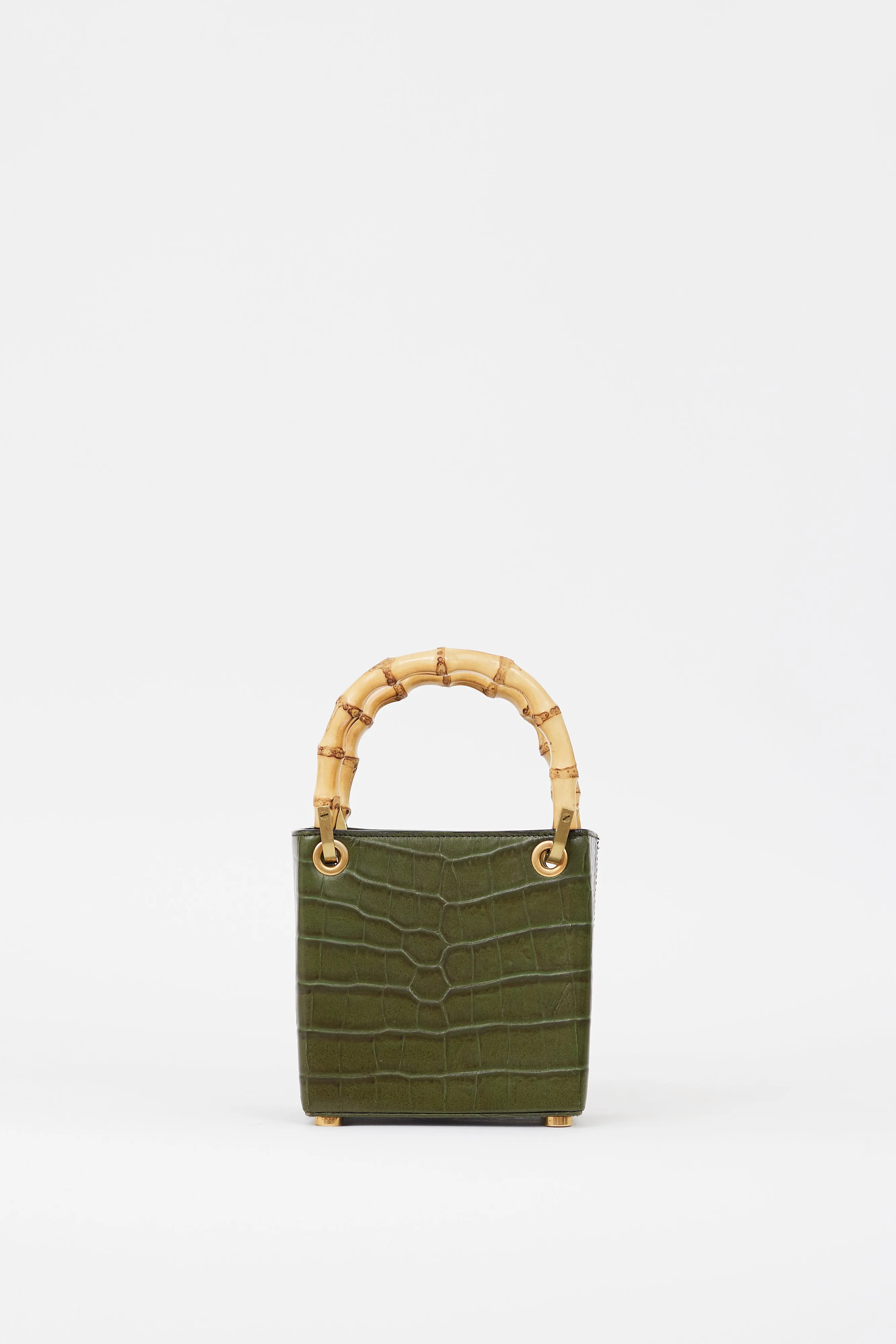 Green Embossed Faux Leather Bamboo Handle Bag