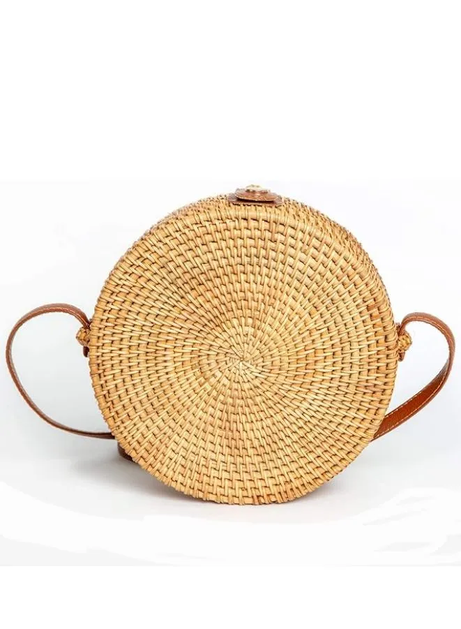 Hand made Round Rattan Bag for Women - Ladies Handmade Straw Bags - Trendy Wicker Purse with Brown Circle Design - Stylish Crossbody Bags for Fashionable  Vibes for Girls