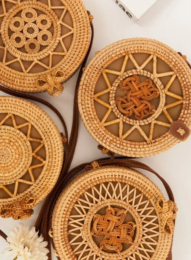 Hand made Round Rattan Bag for Women - Ladies Handmade Straw Bags - Trendy Wicker Purse with Brown Circle Design - Stylish Crossbody Bags for Fashionable  Vibes for Girls