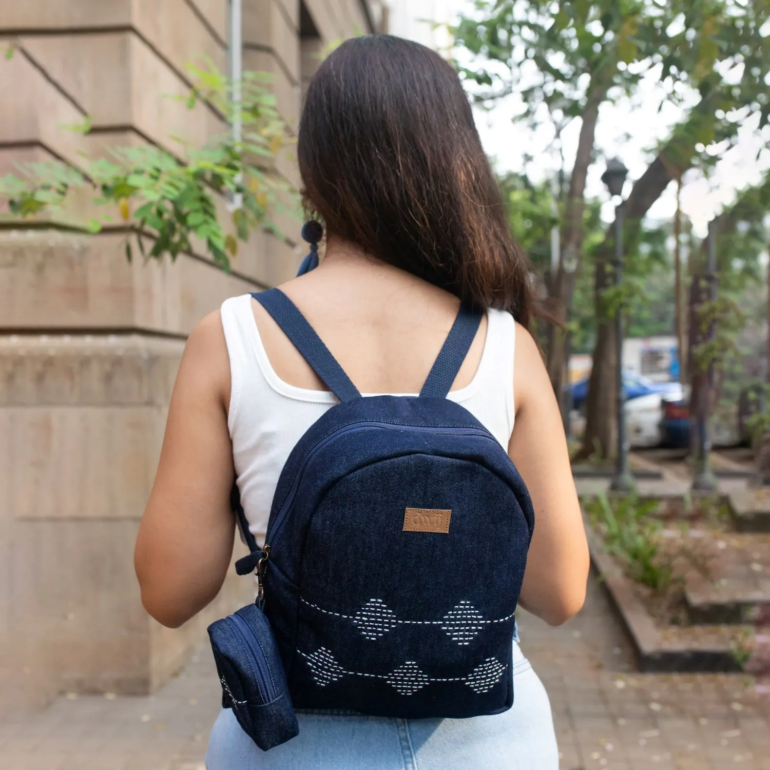 Kantha Hand Embroidered Denim Mini Travel Backpack