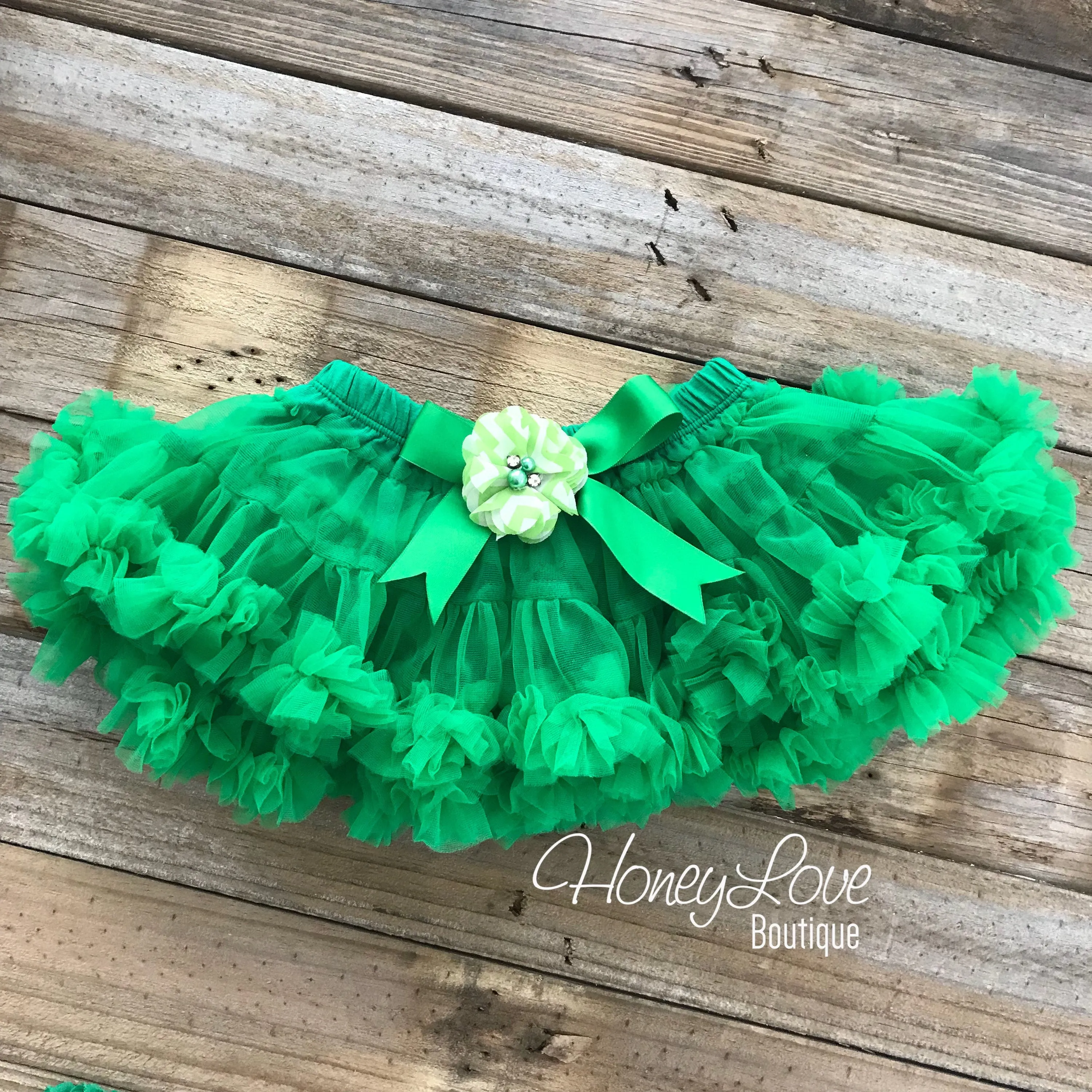 Kelly Green Pettiskirt - embellished rhinestone/pearl chevron flower