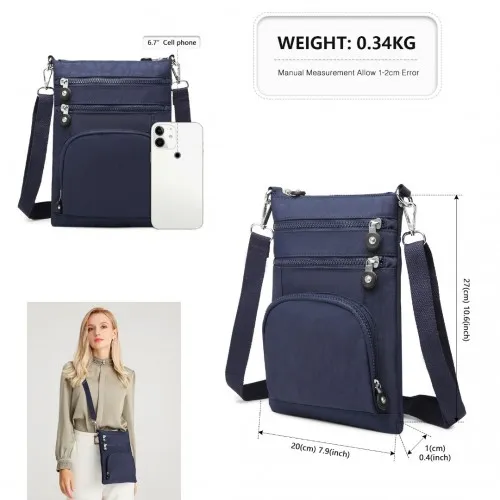 Kono Casual Multi Pocket RFID Blocking Crossbody Bag - Navy | Stylish & Secure