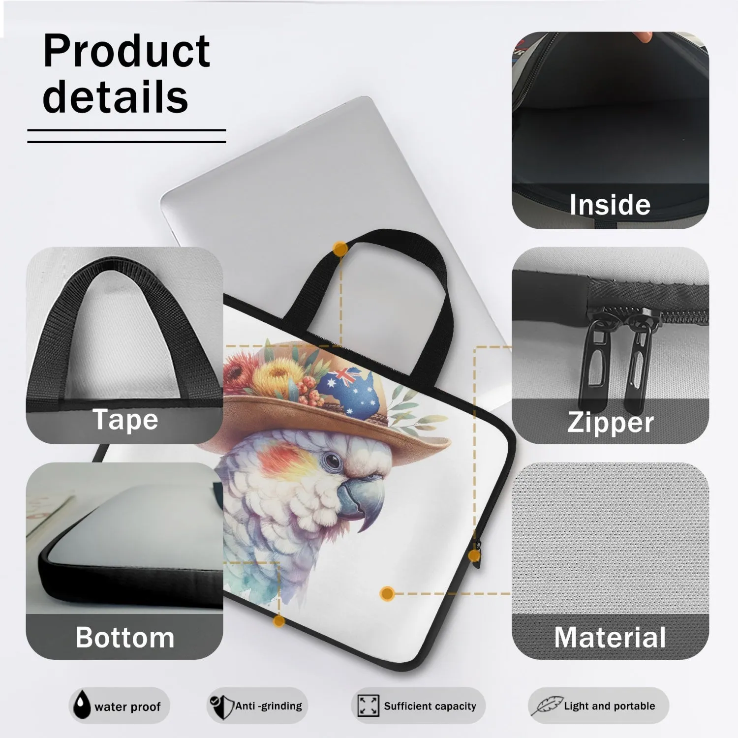 Laptop Sleeve with Handles - Australian Animals - Cockatoo