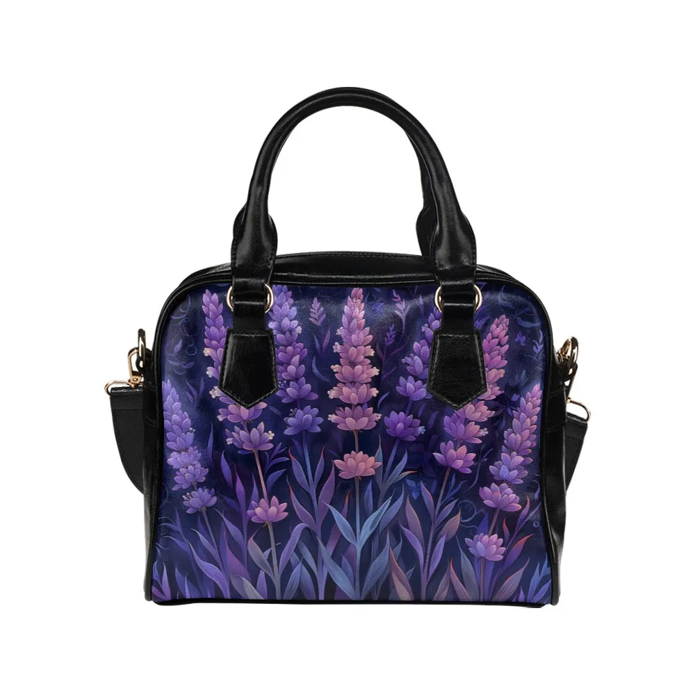 Lavender Floral Purse, Boho Flowers Purple Pattern Cute Small Shoulder Zip Bag Vegan Leather Women Designer Handbag Crossbody Ladies