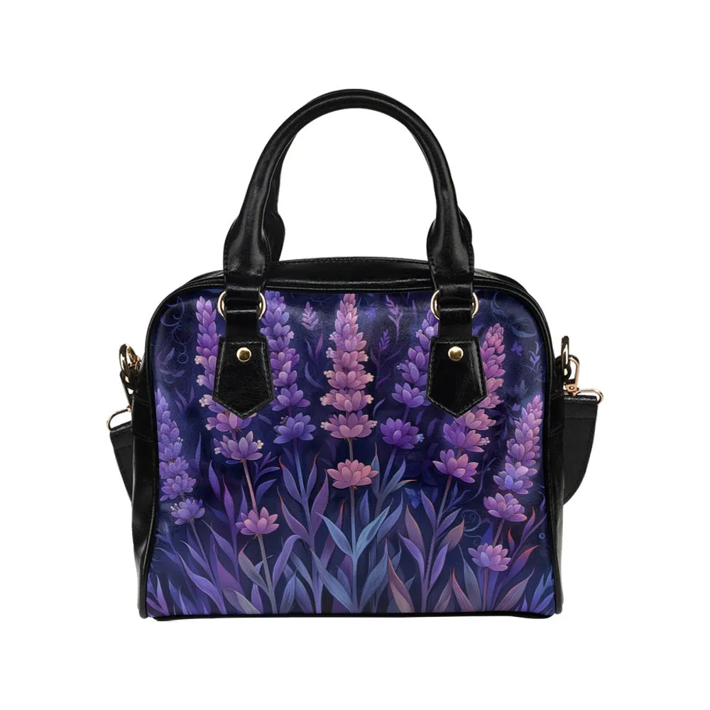 Lavender Floral Purse, Boho Flowers Purple Pattern Cute Small Shoulder Zip Bag Vegan Leather Women Designer Handbag Crossbody Ladies